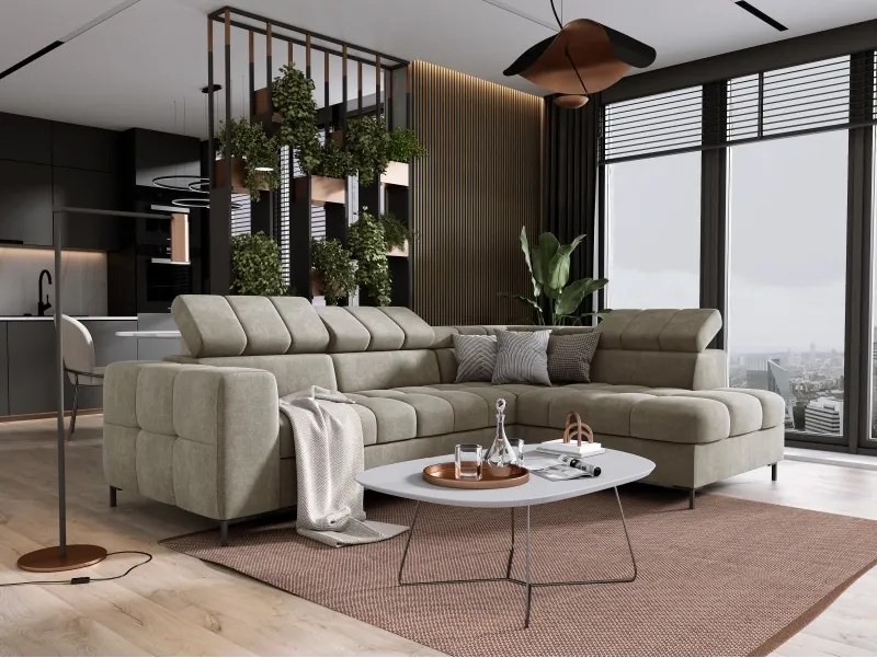 Narożnik PABLOS układ L strona Prawa w tkaninie VOGUE 01 regulowane zagłówki z funkcją spania