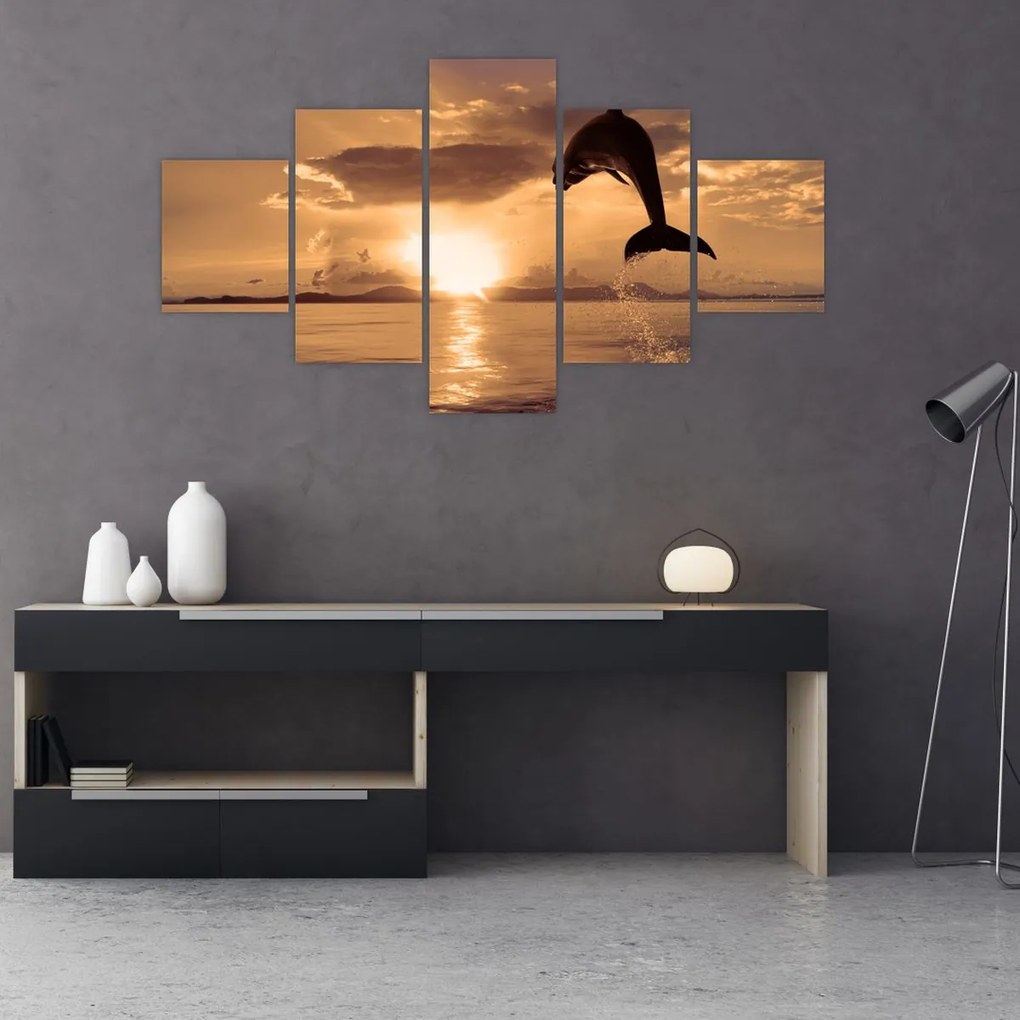 Obraz - Delfin o zachodzie słońca (125x70 cm)