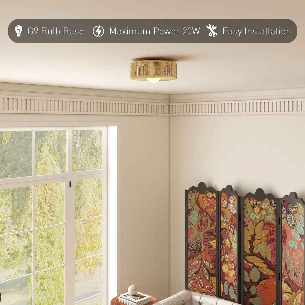 HOMCOM Lampa sufitowa, wisząca lampa boho z oprawką G9 LED, abażur ze sznurka konopnego okrągły