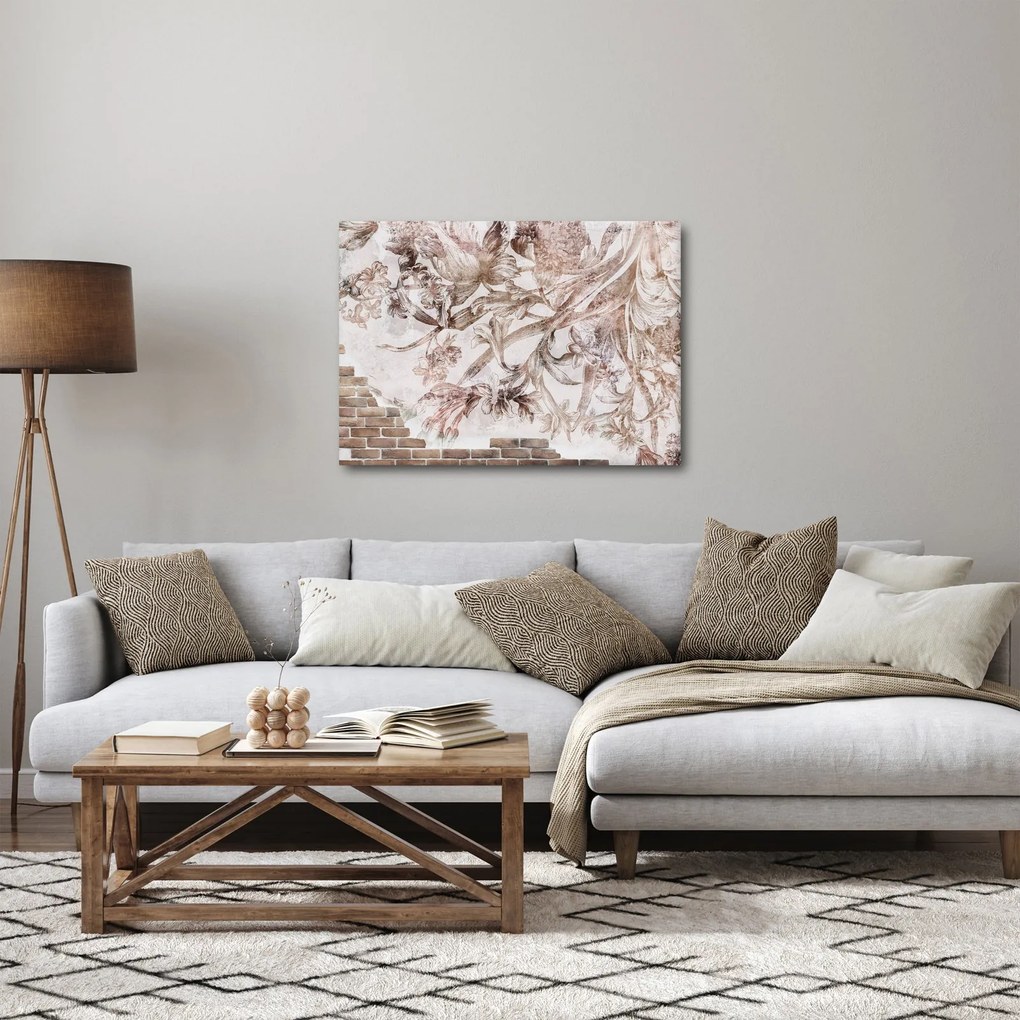 Obraz - Kwiatowy fresk na ceglanej ścianie (70x50 cm)