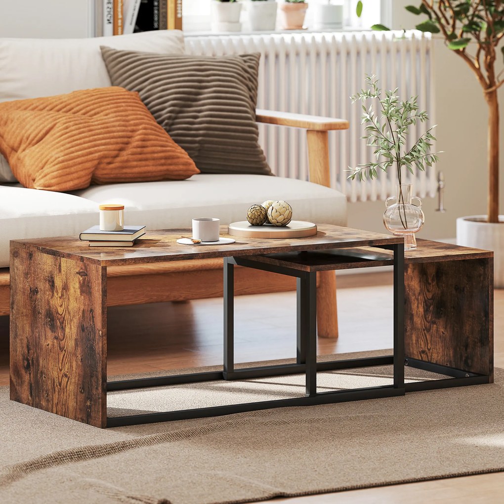 HOMCOM Zestaw 2 stolików, stolik kawowy, stolik pomocniczy, MDF, Metal, 90 x 48 x 42 cm/59 x 42 x 36 cm, Czarny+Brązowy