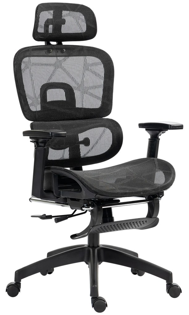 HOMCOM Ergonomiczne Krzesło Biurowe z Pokryciem z Siatki, Regulowane, na Kółkach, z Podłokietnikami, Zagłówkiem, Czarne