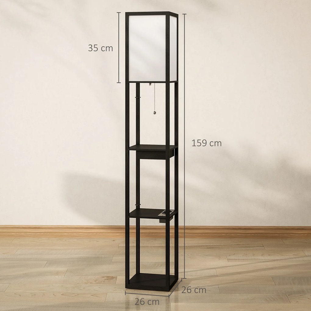 HOMCOM Lampa Stojąca z 3-Poziomową Półką, Przełącznikiem Nożnym, Portami USB, MDF, Czarny