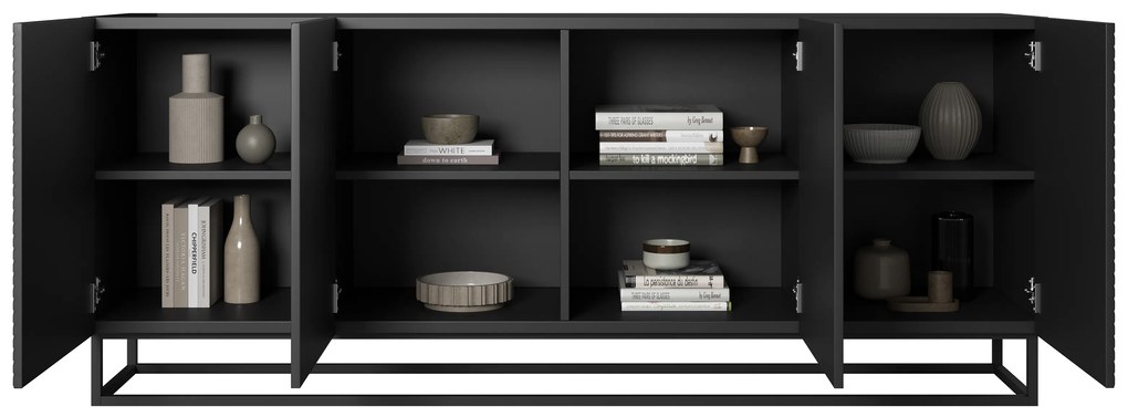 Komoda Asha 200 cm czterodrzwiowa - czarny mat / czarny stelaż