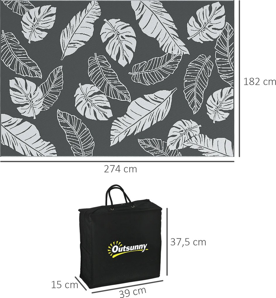 Outsunny Zewnętrzny dywan z możliwością odwrócenia, wodoszczelny, Wzór liść, 182x274cm, Szary/Biały