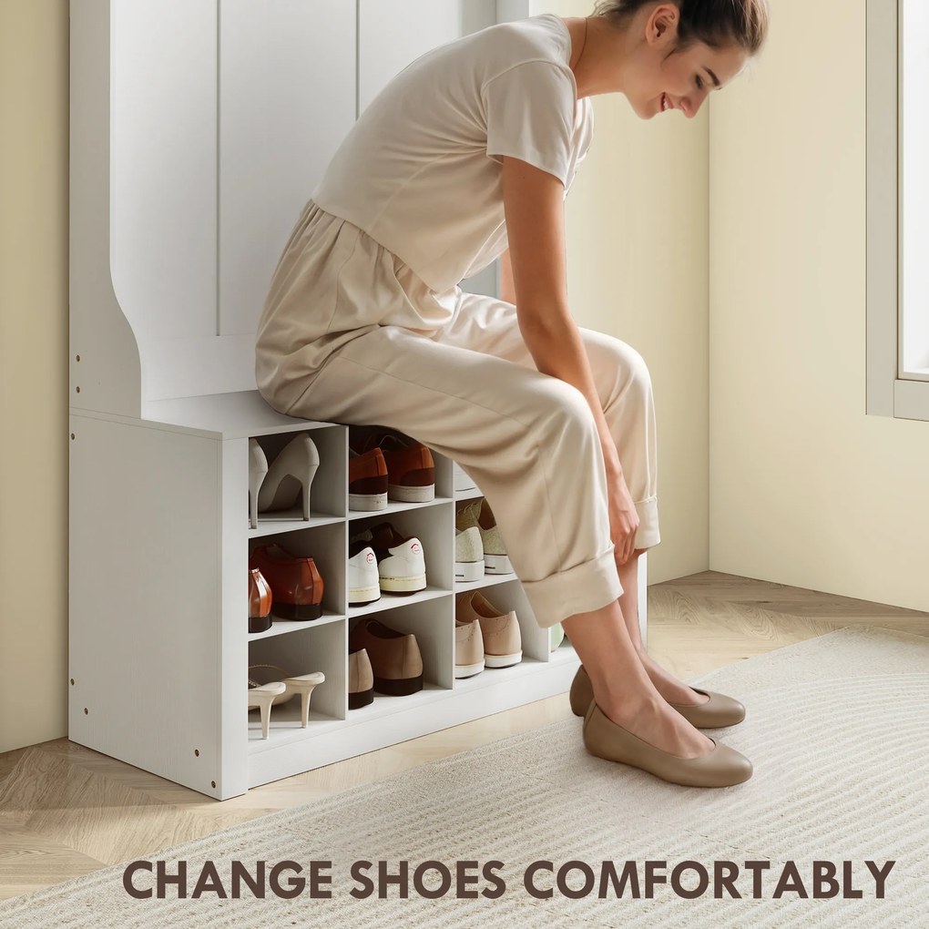 HOMCOM Wieszak z półką, ławką, hakami, schowkami na buty, płyta wiórowa, MDF, Biały