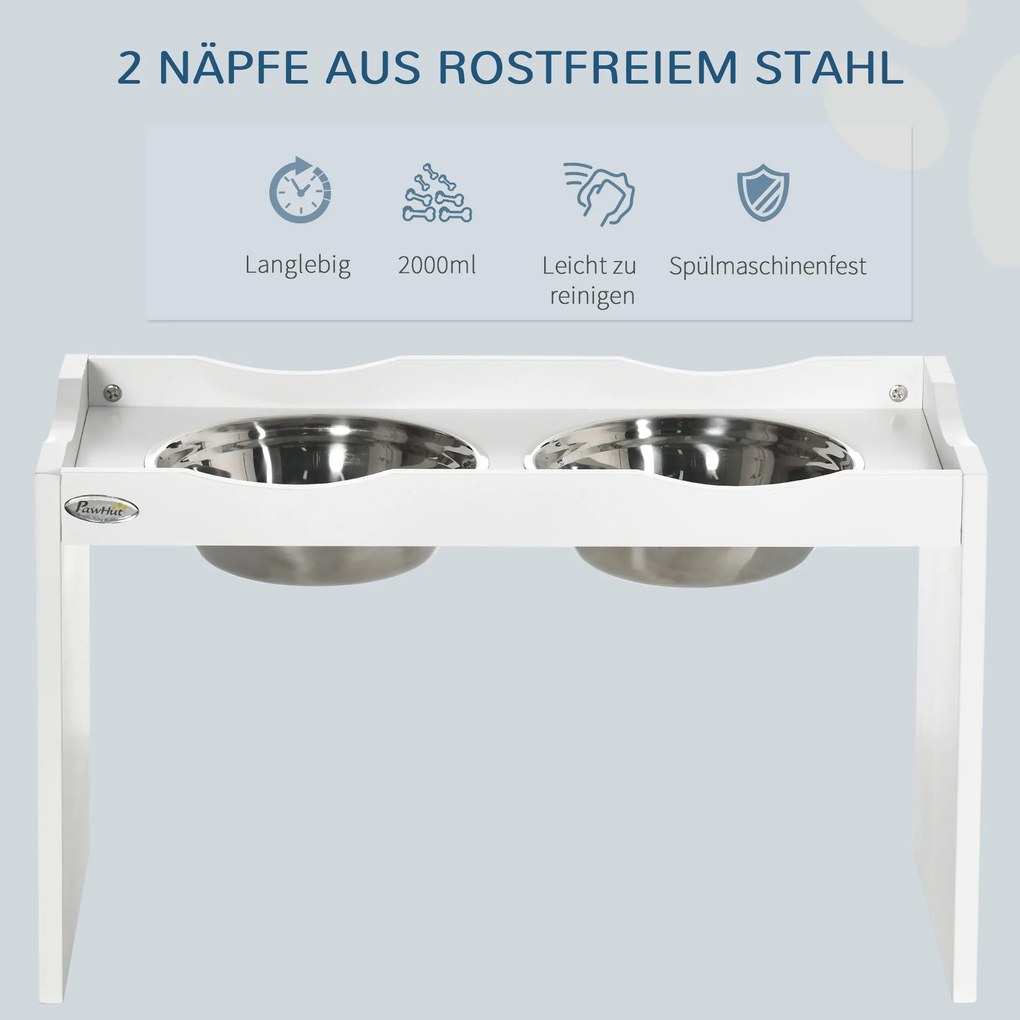 PawHut Stacja Karmienia, Podstawa na Miseczki, 2 Miseczki po 2 litry, Stal Nierdzewna, dla dużych psów, biały, 63 x 30 x 38 cm