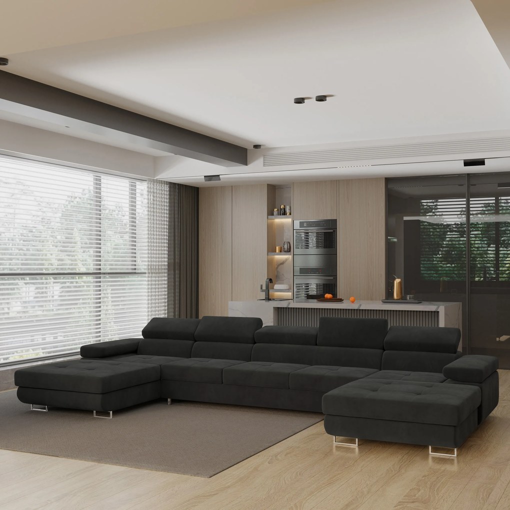 Masseno Narożnik OMBRA z funkcją spania i pojemnikiem na pościel Narozniki U, Rozkładana sofa - Czarny, MONOLITH 95
