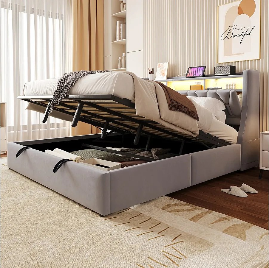 Łóżko tapicerowane ze schowkiem - 180 x 200 cm - hydrauliczne - składany zagłówek ze schowkiem + diody LED - MDF - jasnoszary