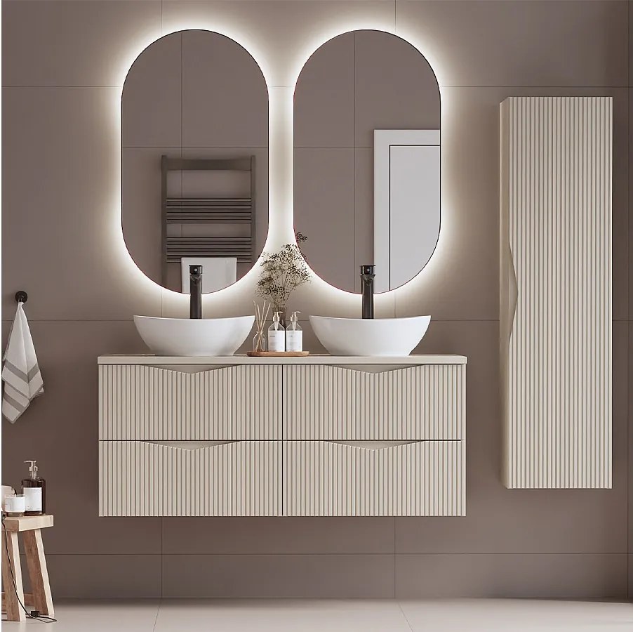 Zestaw do Łazienki 120cm Szafka Blat Umywalka Słupek Ryflowane Fronty Beż Piaskowy Cleo