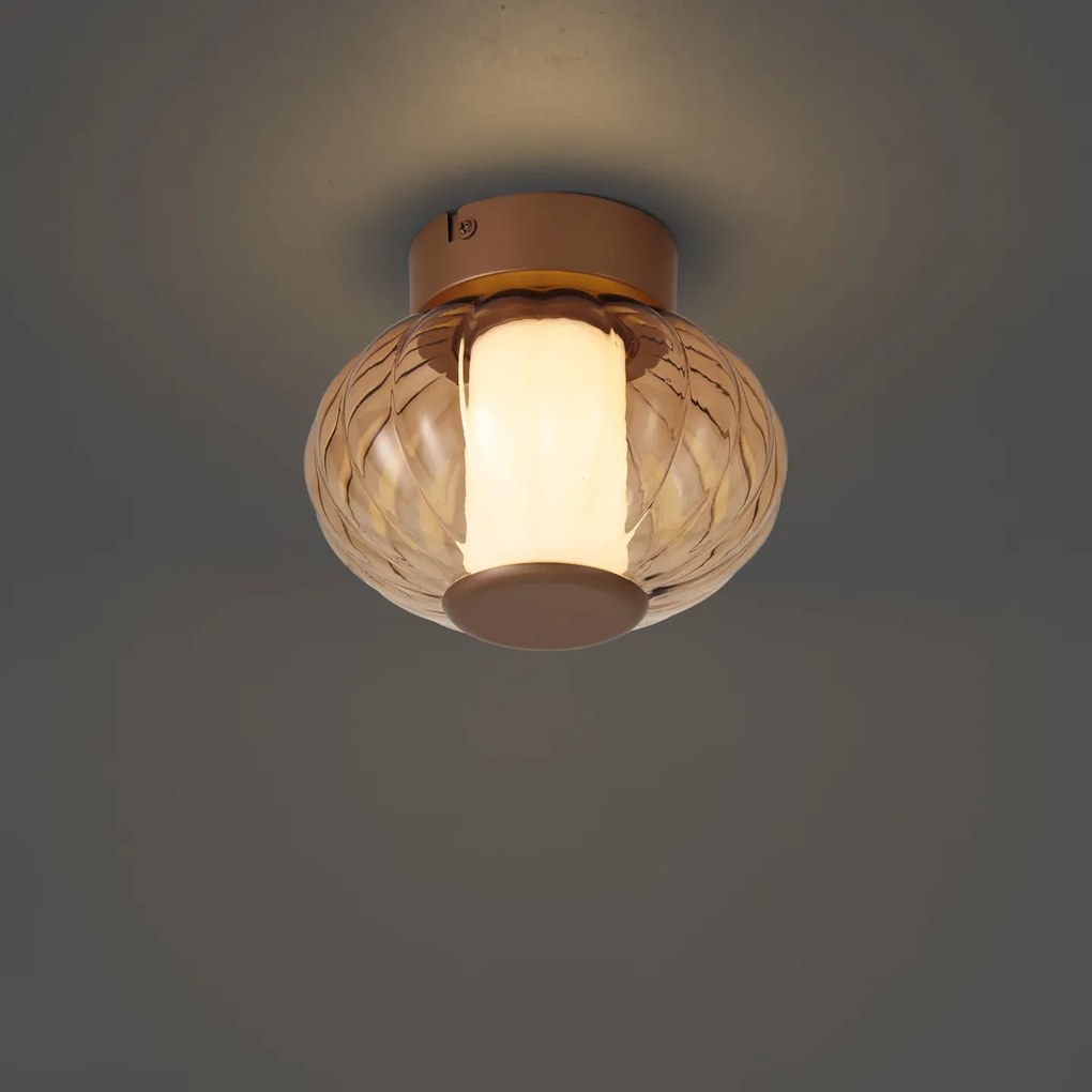 Margherite Designer Brass Ceiling Lamp, 18cm, with Amber Glass & Integrated 3-Step Dimmable LED
