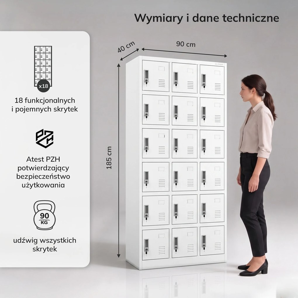 Szafka pracownicza skrytkowa 18-skrytkowa biała, 900x1850x400 mm: KAROL
