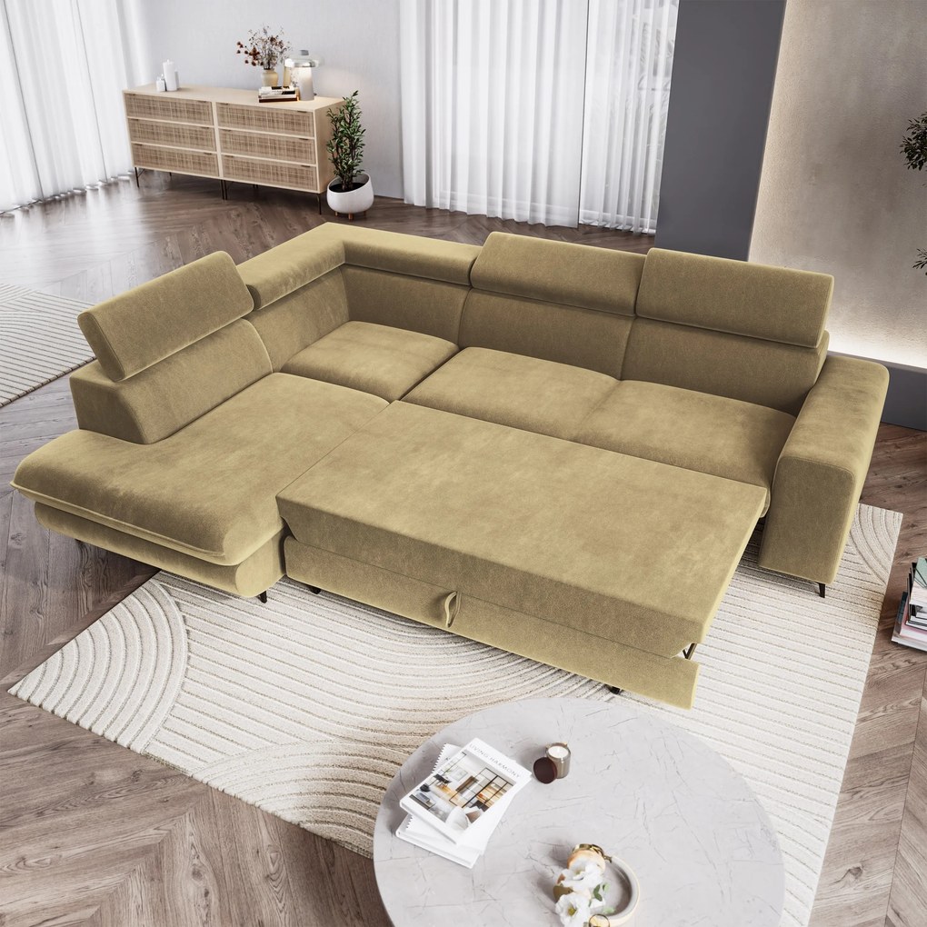 Masseno Narożnik VELISS z funkcją spania i pojemnikiem na pościel Narozniki L, Rozkładana sofa - Musztardowy, CASTEL 48