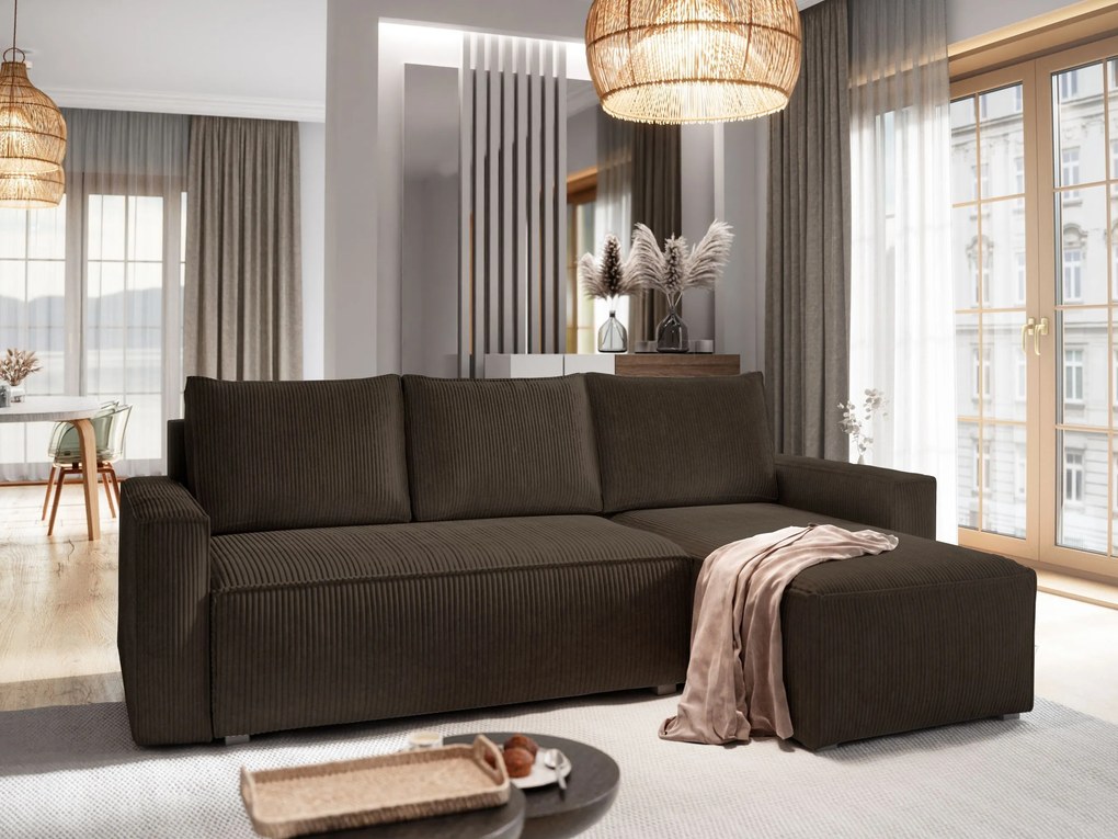 Masseno Narożnik POTARO z funkcją spania i pojemnikiem na pościel Narozniki L, Rozkładana sofa - Brązowy, POSO 06