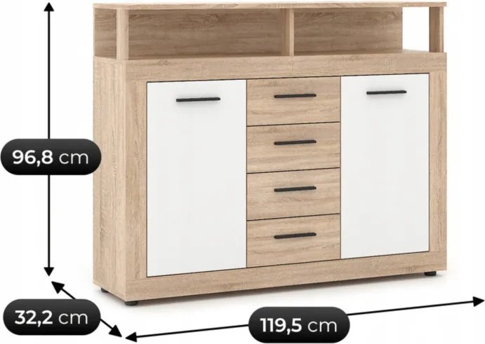 Komoda Dwudrzwiowa z Szufladami BLAGO MIDI B 119,5 cm Dąb Sonoma/Biały Nowoczesna