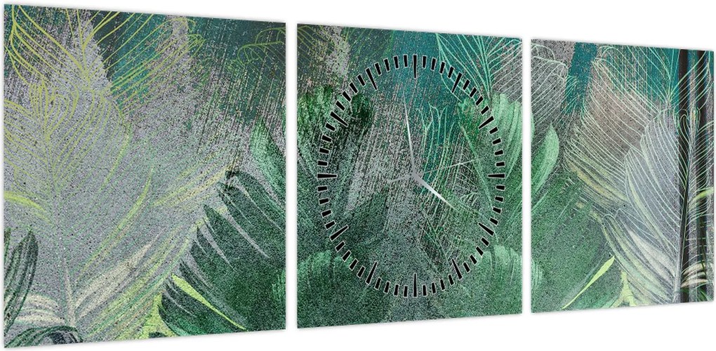 Obraz - Tekstura betonu z liśćmi (z zegarem) (90x30 cm)