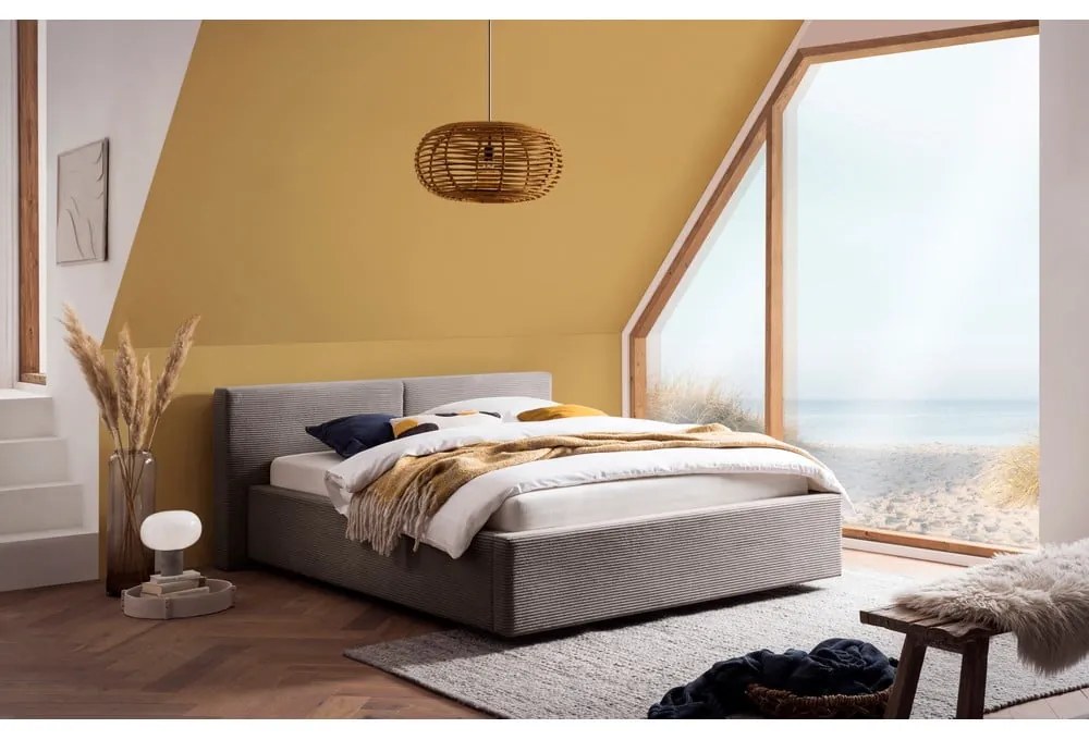 Jasnobrązowe tapicerowane łóżko dwuosobowe ze schowkiem ze stelażem 140x200 cm Cube – Meise Möbel