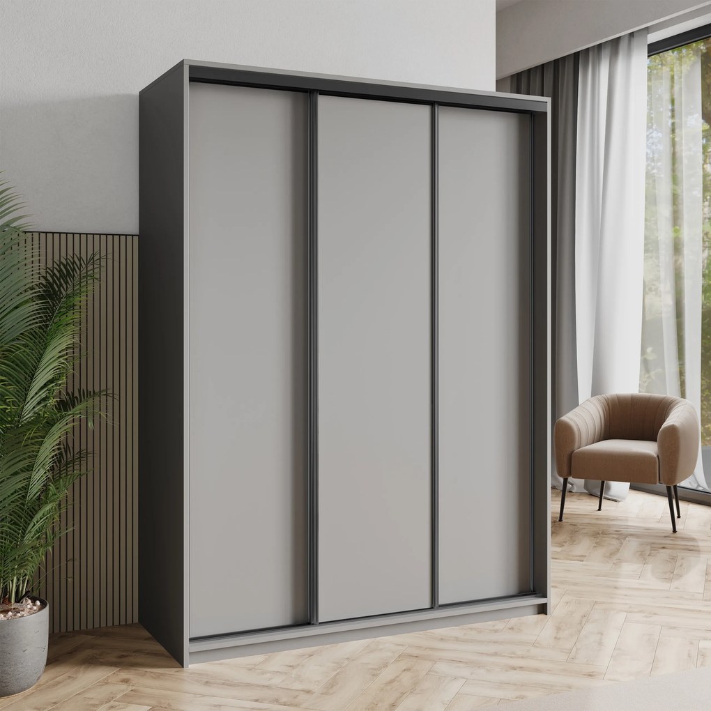 Szafa Przesuwna NISSE 150 cm Szafa Trzydrzwiowa z Szufladami Grafit / Czarne Profile