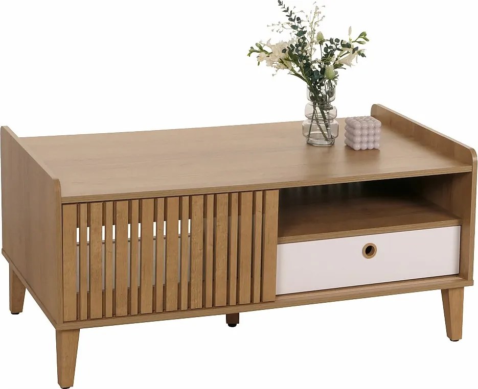 Stolik kawowy MCW-M48,  naturalny, szuflada biała