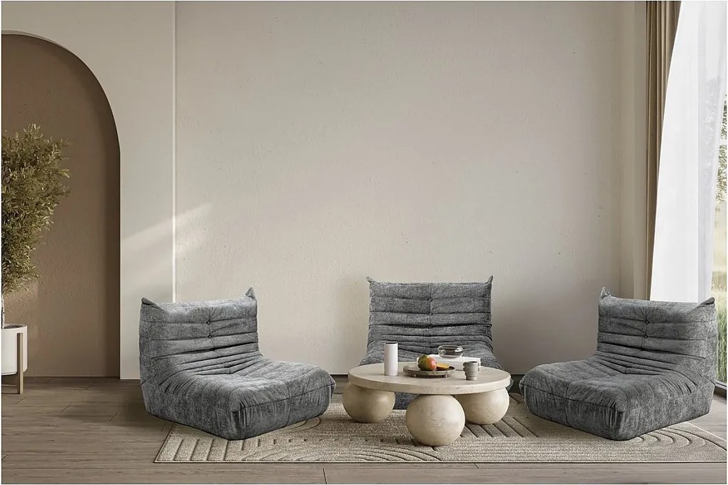 Conjunto de 3 cadeirões modulares em tecido texturado "Velasca" - Cinza