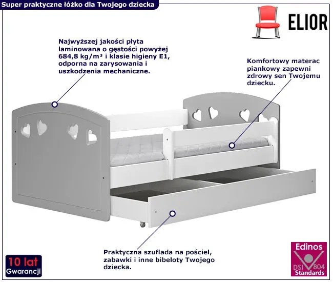 Łóżko dla dziecka z barierką Cecil 3X 80x180 - szare