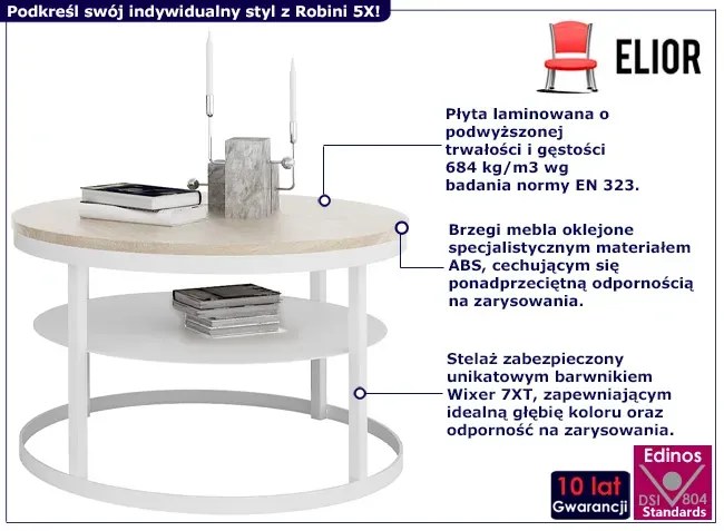 Skandynawski okrągły stolik kawowy biały + dąb sonoma - Robini 5X