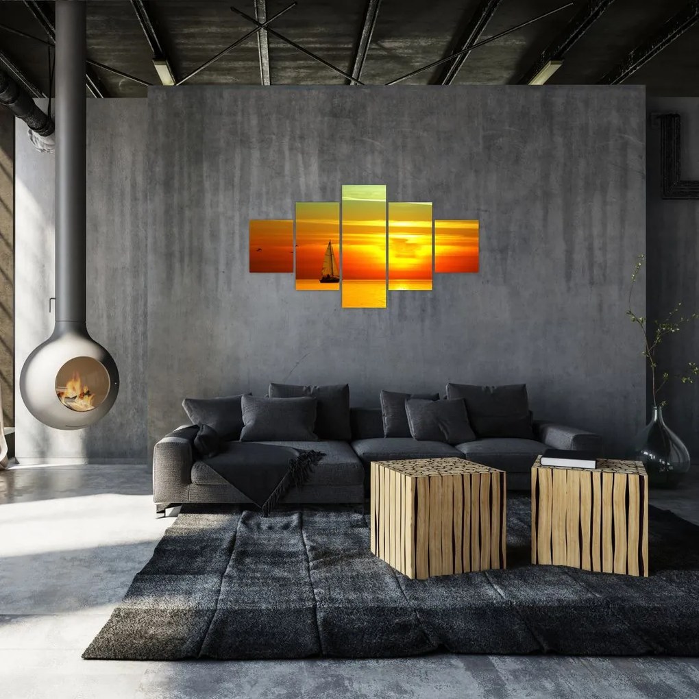 Obraz zachodu słońca z jachtem (125x70 cm)