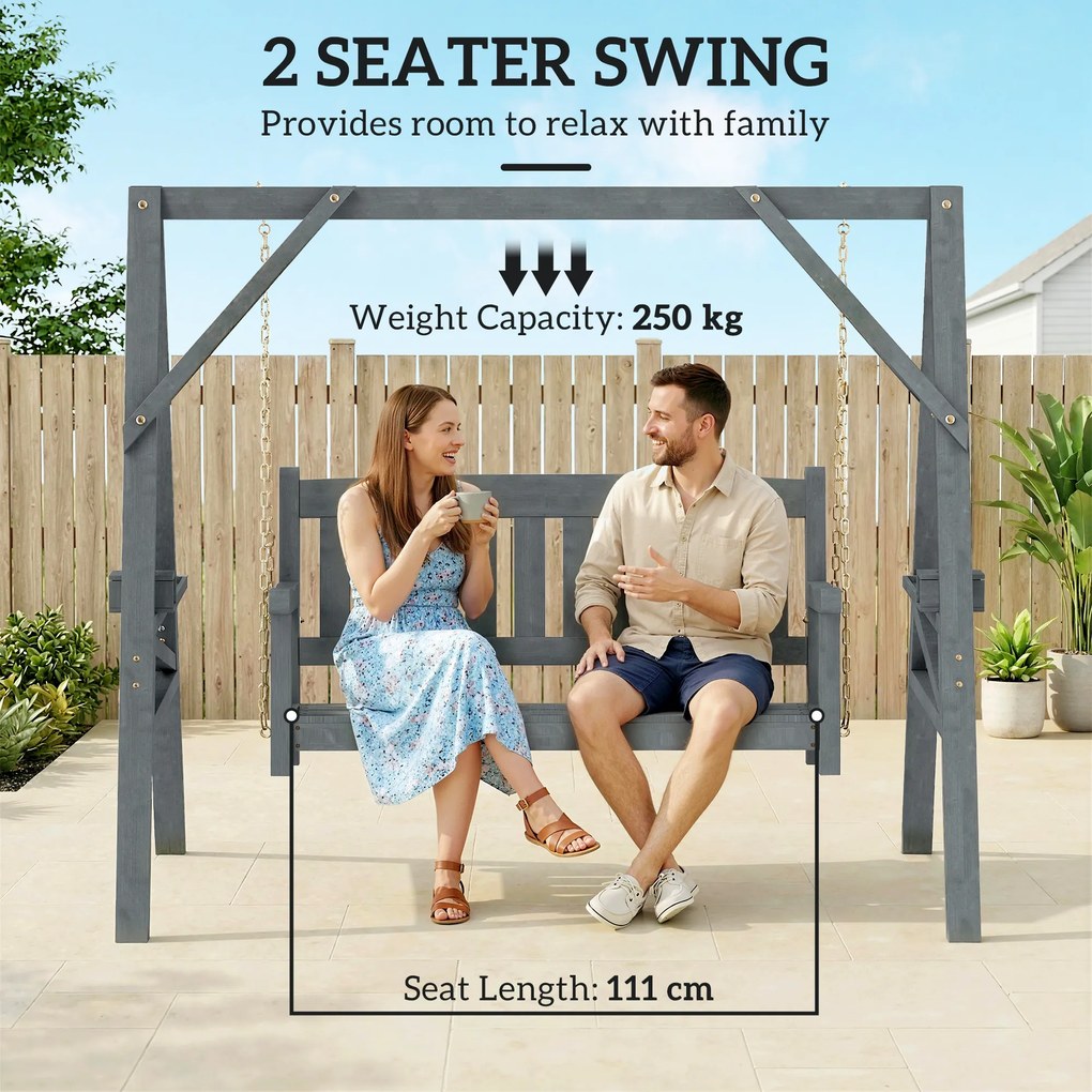 Outsunny 2-osobowa huśtawka ogrodowa z drewna, ławka bujana z półkami, uchwytami na napoje i łańcuchami, szara | Aosom PL