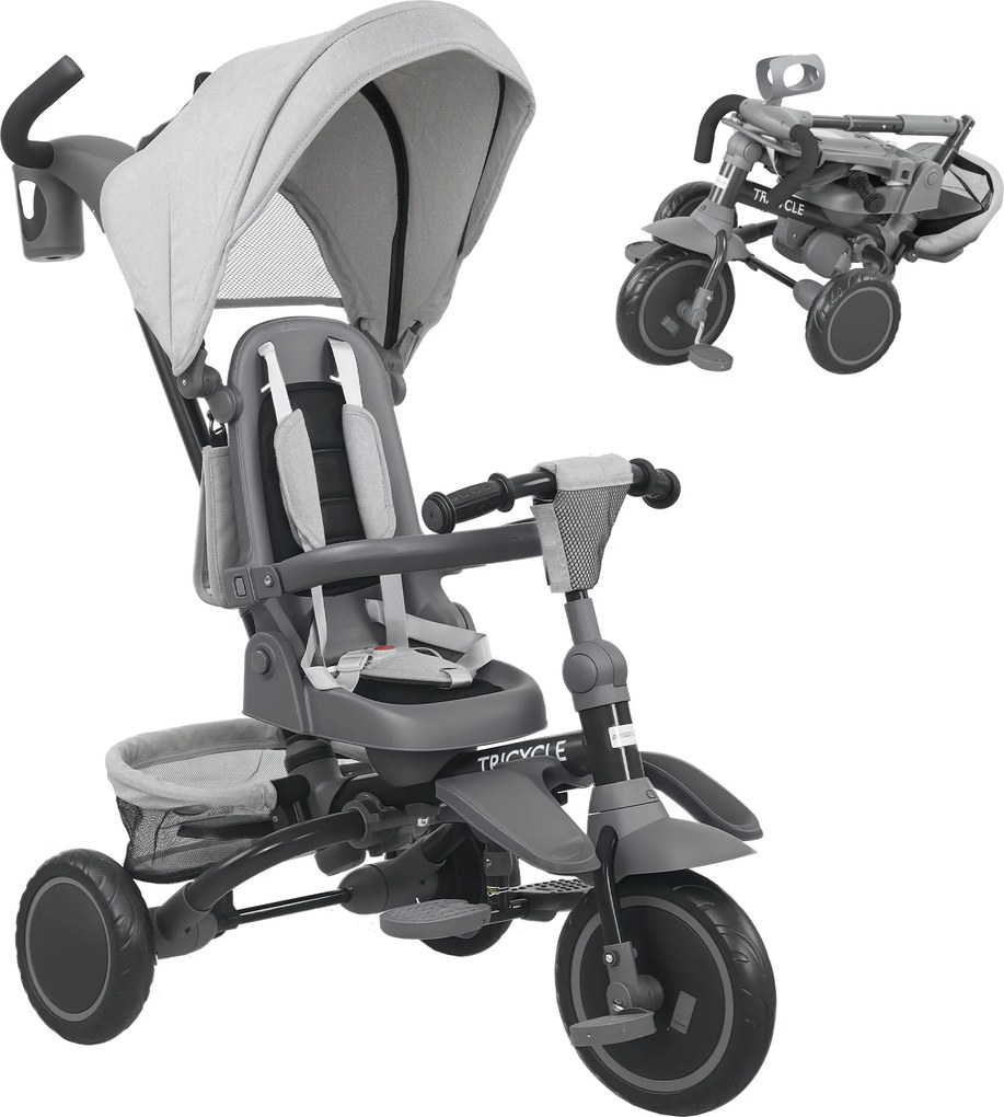 AIYAPLAY Dziecięcy trójkołowiec 6-w-1, wózek dla maluchów z uchwytem do pchania, regulowane siedzisko, składana konstrukcja, siatka zabezpieczająca, szary