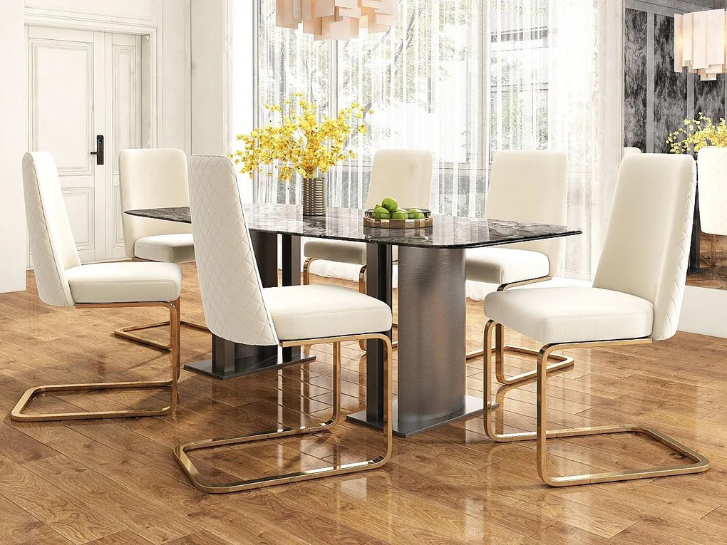 Zestaw 6 krzeseł typu cantilever z weluru - oparcie w romby - metalowa podstawa w kolorze złotym - beżowe