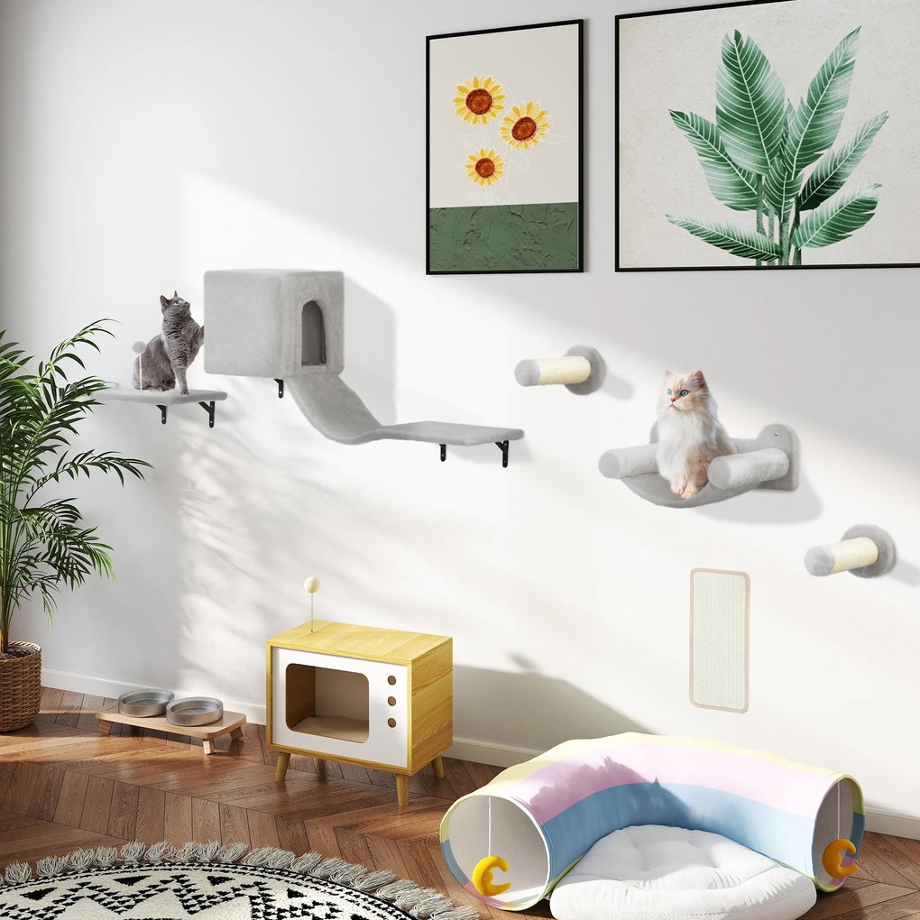 PawHut Ścianka Wspinaczkowa dla Kotów 6-elementowy zestaw z domkiem dla kota, hamakiem, platformą, drapakiem Szary