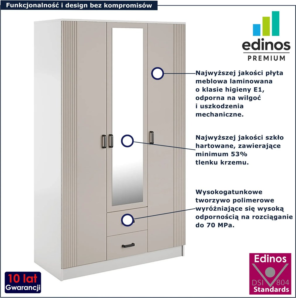 Szafa trzydrzwiowa z lustrem i szufladami biały + kaszmir R4-M10