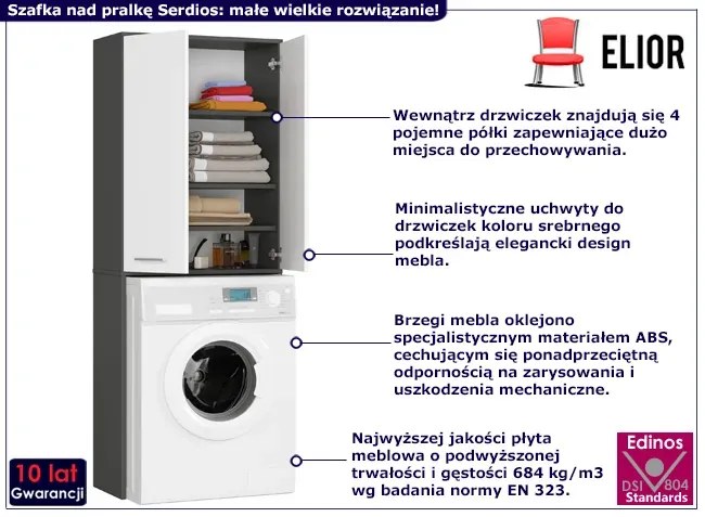 Słupek łazienkowy z drzwiczkami nad pralkę grafit + biały R3-E29
