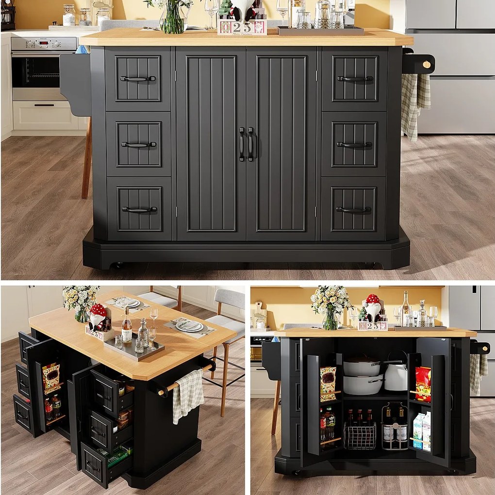 Mobilna wyspa kuchenna ze składanym stołem - 120 x 45/75 cm x 91 cm - z 2 drzwiami + 6 szufladami - MDF - czarna