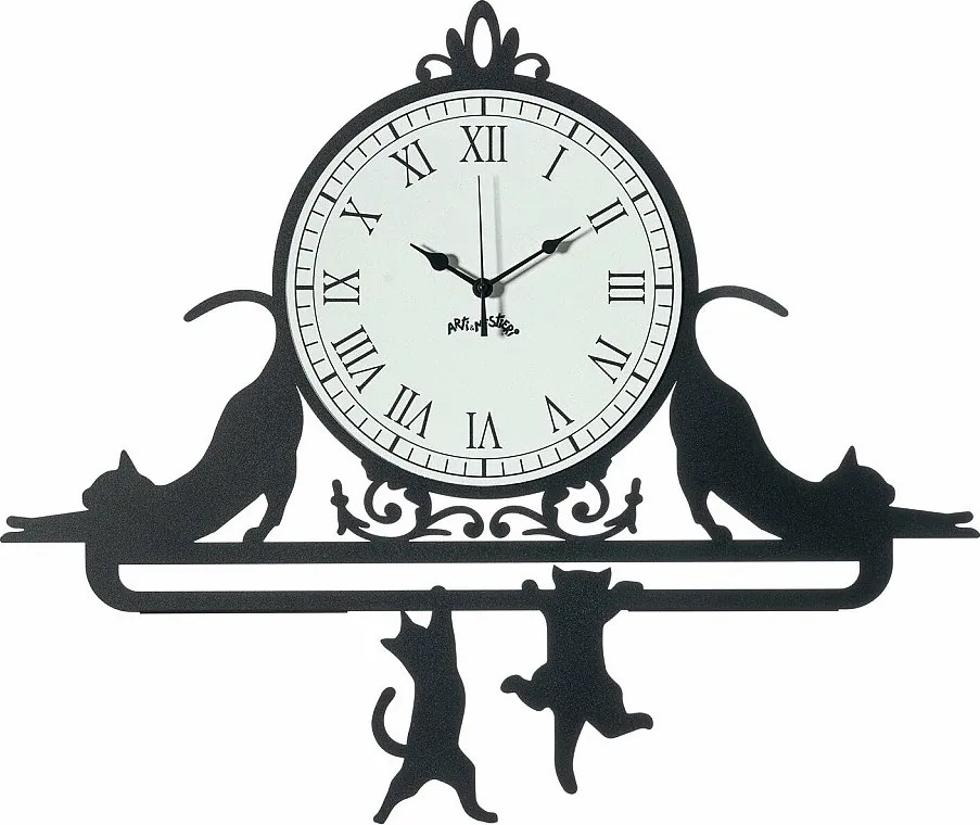 Zegar ścienny Cattitude 62x52 cm z żelaza, dekoracyjne koty, biała tarcza z cyframi rzymskimi, made in Italy