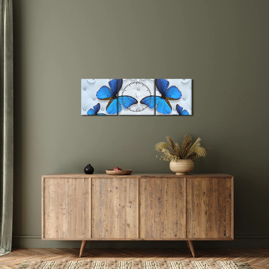 Obraz - Niebieskie motyle (z zegarem) (90x30 cm)