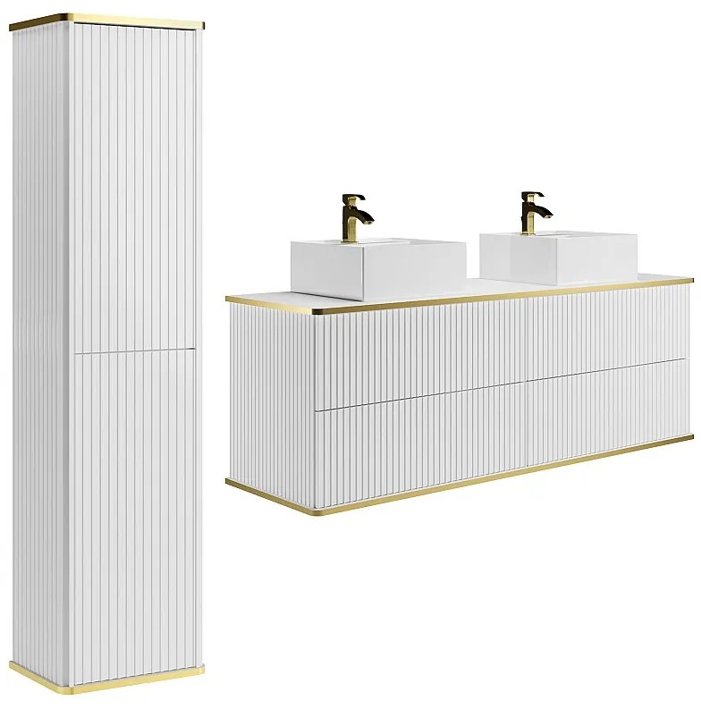 Podwieszana szafka łazienkowa prążkowana z podwójną kwadratową umywalką nablatową i słupkiem - Biała - 150 cm - KELIZA