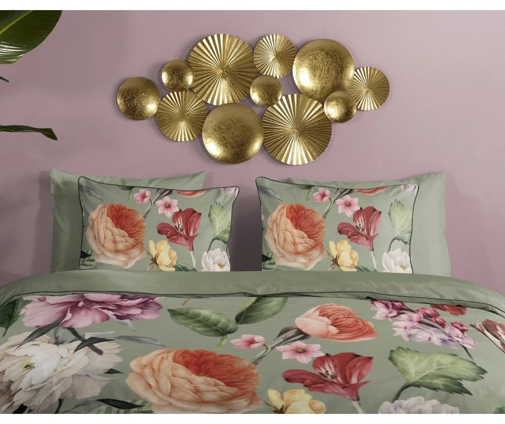 Zielona pościel jednoosobowa z satyny bawełnianej 140x220 cm Fiori – Descanso