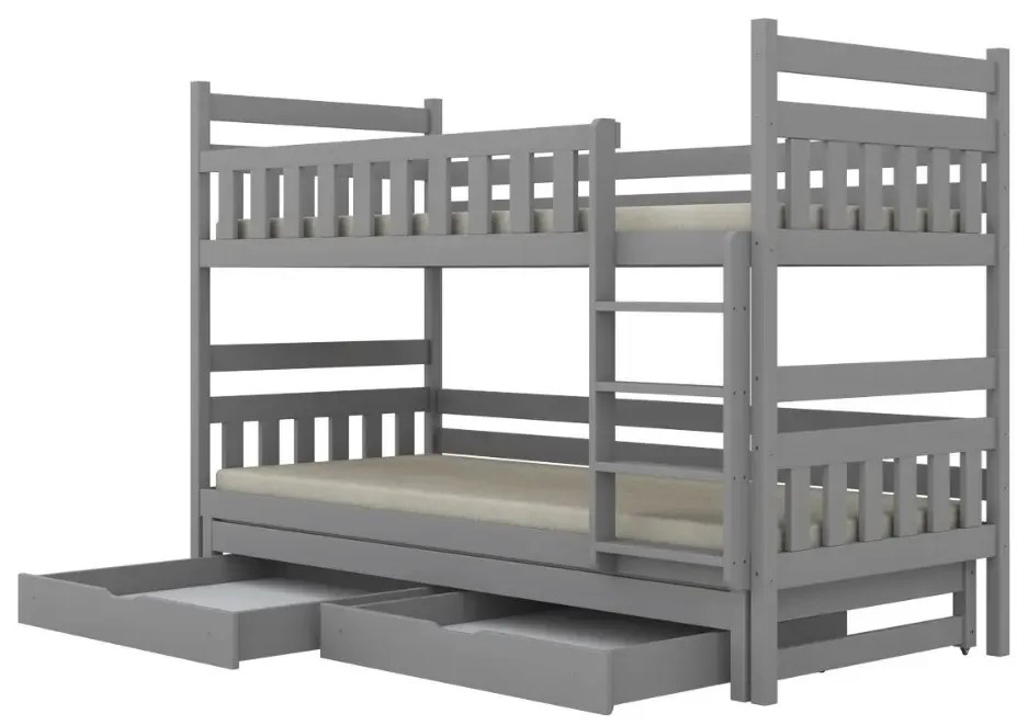 Łóżko piętrowe BARTEK 180x90 szare drewniane trzyosobowe z szufladami KOCOT KIDS