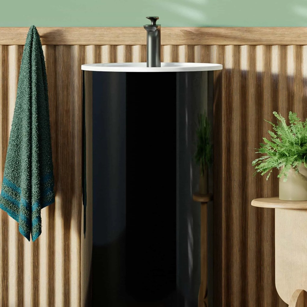 Umywalka z konglomeratu wolnostojąca okrągła czarna błyszcząca 87 x 44 cm KALMI BLACK GLOW z otworem