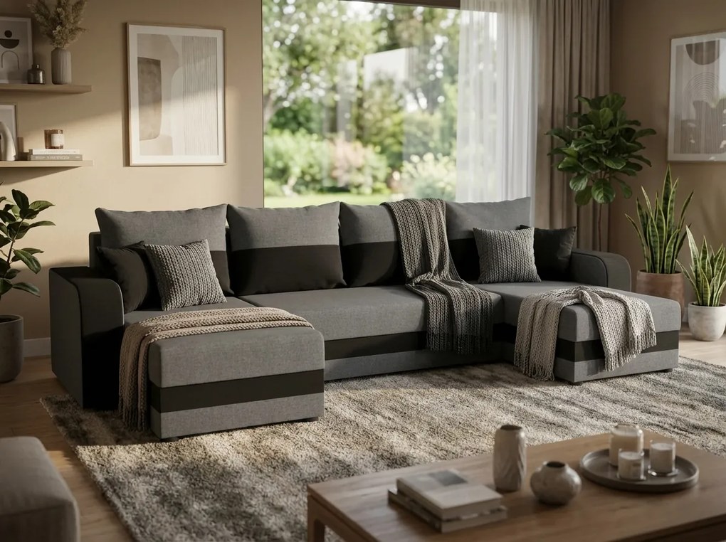 Rozkładana sofa narożna w kształcie U VALERIO 305x140 cm, ciemnoszara/antracytowa