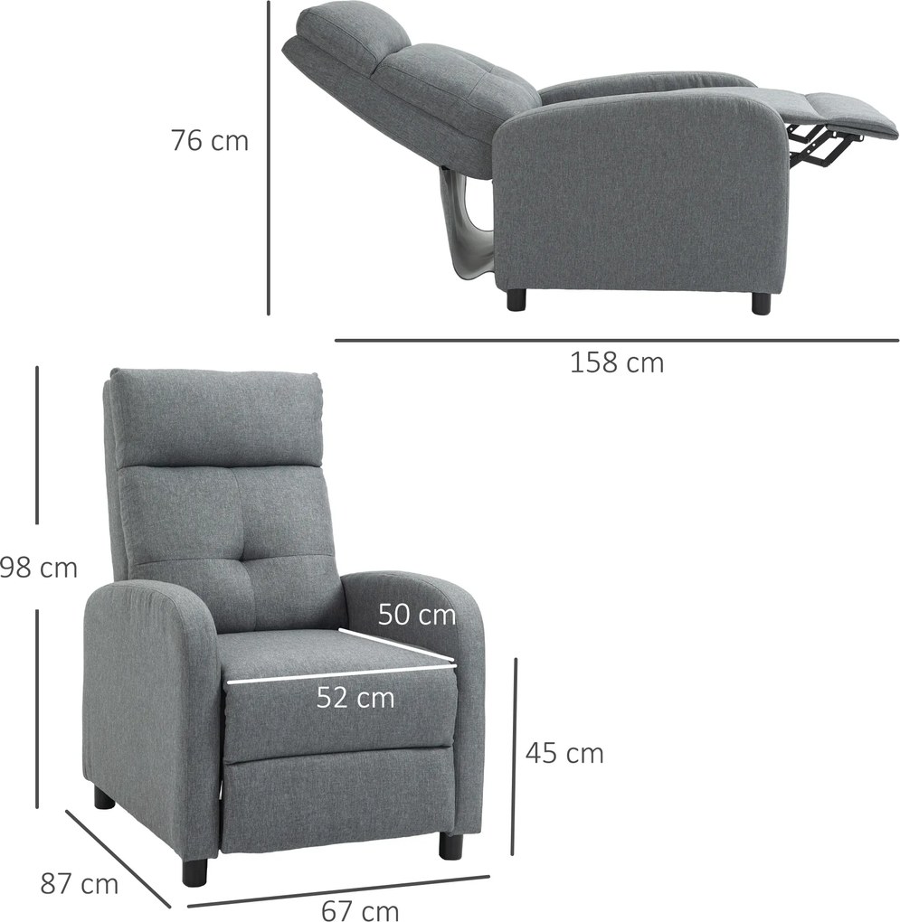 HOMCOM Fotel relaksacyjny z funkcją leżenia, wysuwany podnóżek, sprężyny kieszeniowe, do 150 kg, Szary