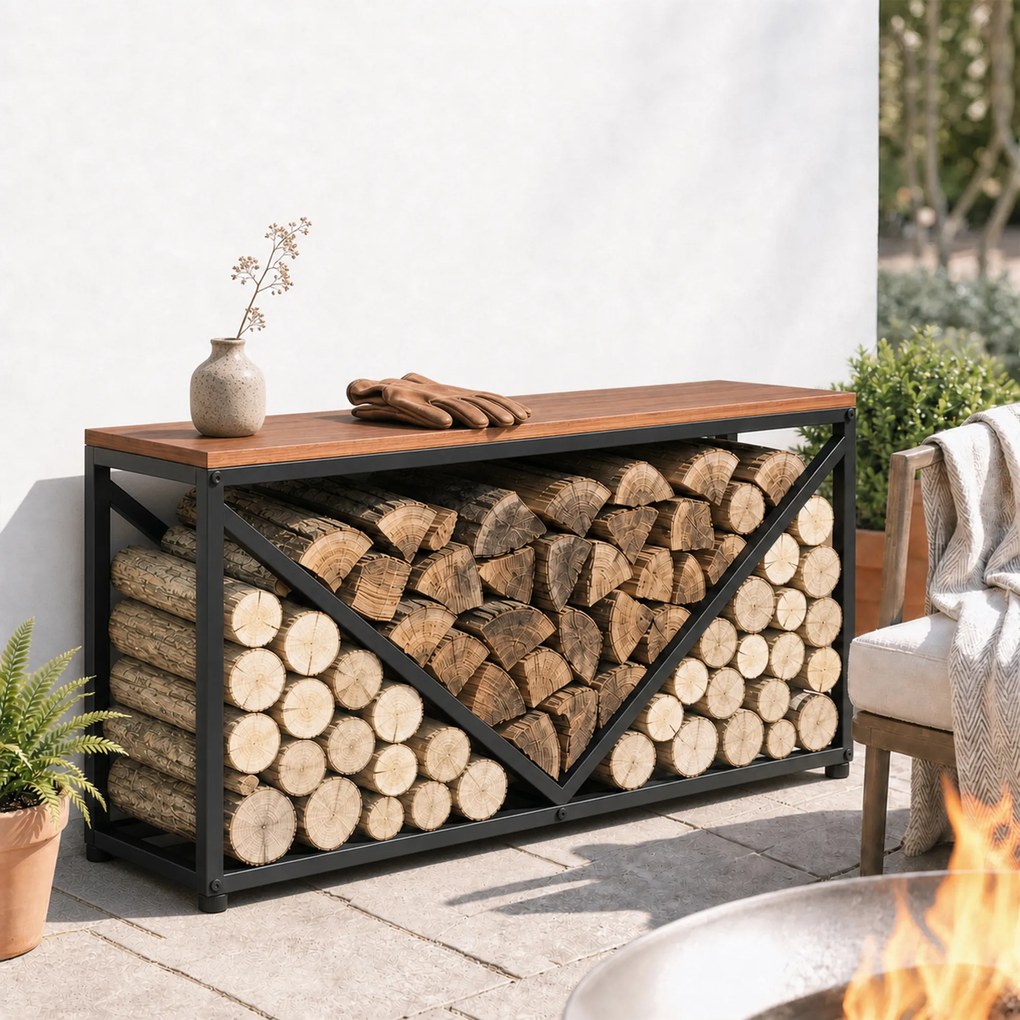 Outsunny 2-in-1 stojak na drewno do wnętrz 98 x 28 x 50 cm podwyższony stojak na drewno z półką przegrodą stolik boczny | Aosom PL