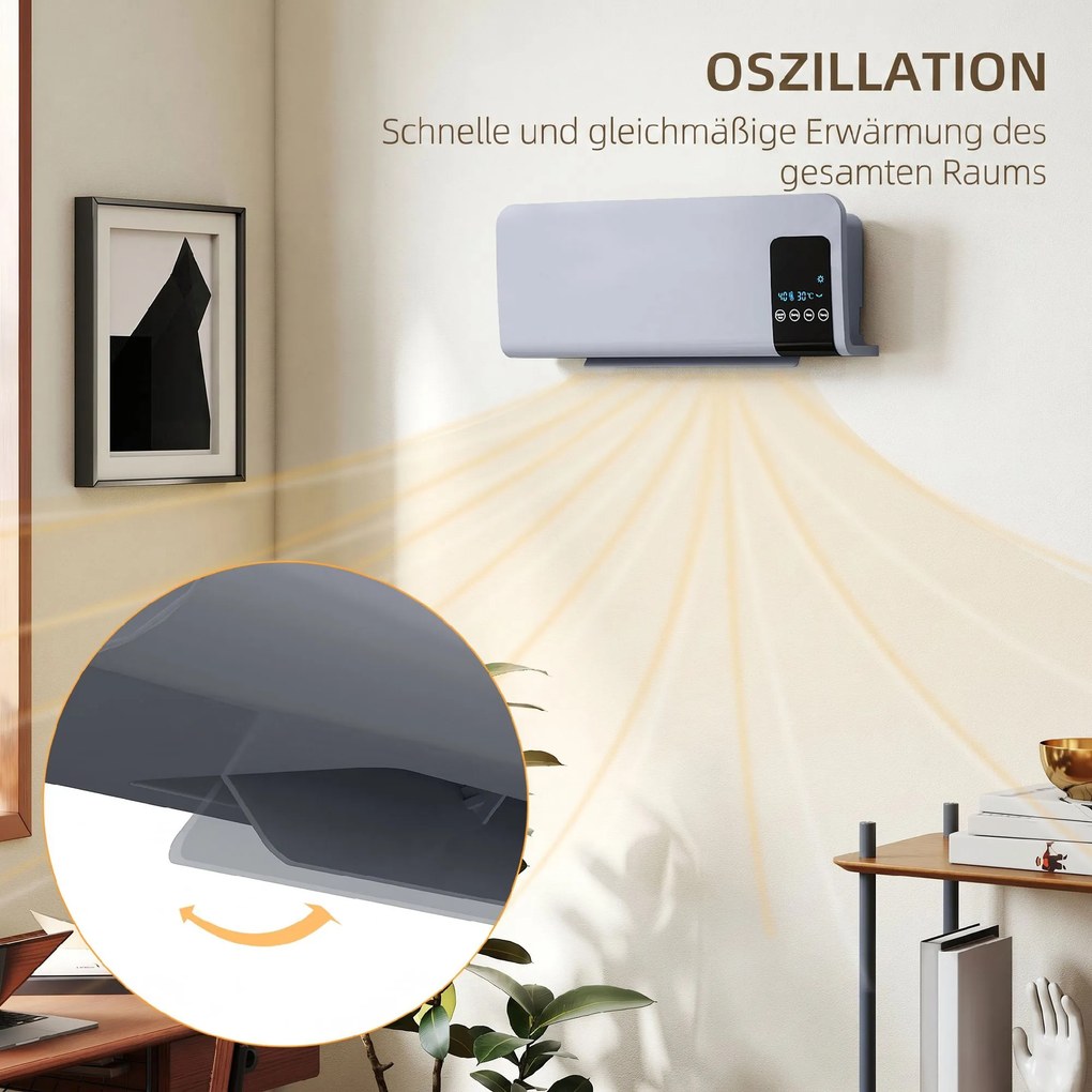 HOMCOM Elektryczne ogrzewanie, montaż na ścianie, funkcja oscylacji, 2 tryby, timer, wyświetlacz LED, szary | Aosom PL