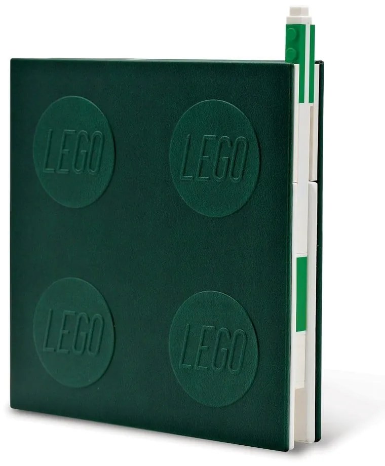 Zielony kwadratowy notatnik z długopisem żelowym LEGO®, 15,9x15,9 cm