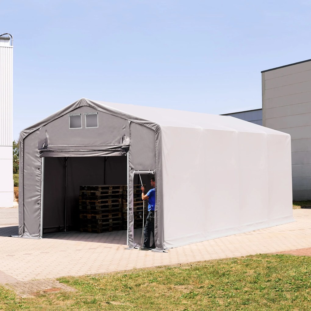 TOOLPORT 5x8m Hala namiotowa - 3,0 m wysokość ścian bocznych z podciąganą do góry bramą, PRIMEtex 2300, szary, ze statyką (podłoże gruntowe) - (93959)