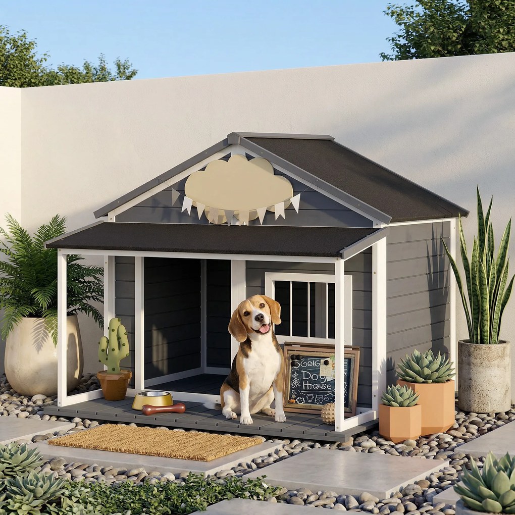PawHut Domek dla psa na zewnątrz, z werandą, odporny na warunki pogodowe, 124 cm x 112 cm x 105 cm, Szary + Biały