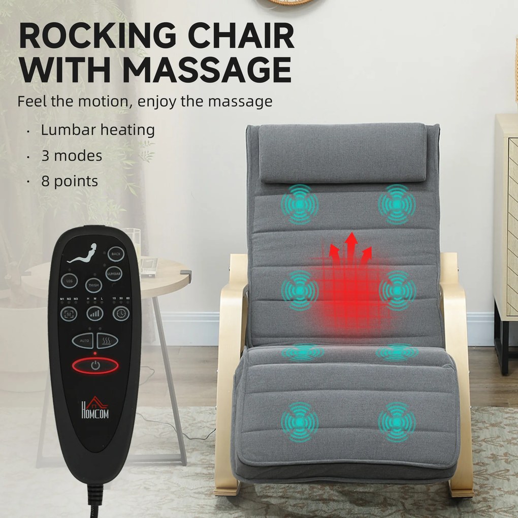 HOMCOM Fotel bujany z funkcją masażu, ogrzewaniem lędźwiowym, 3 tryby, materiałowa tapicerka, Szary