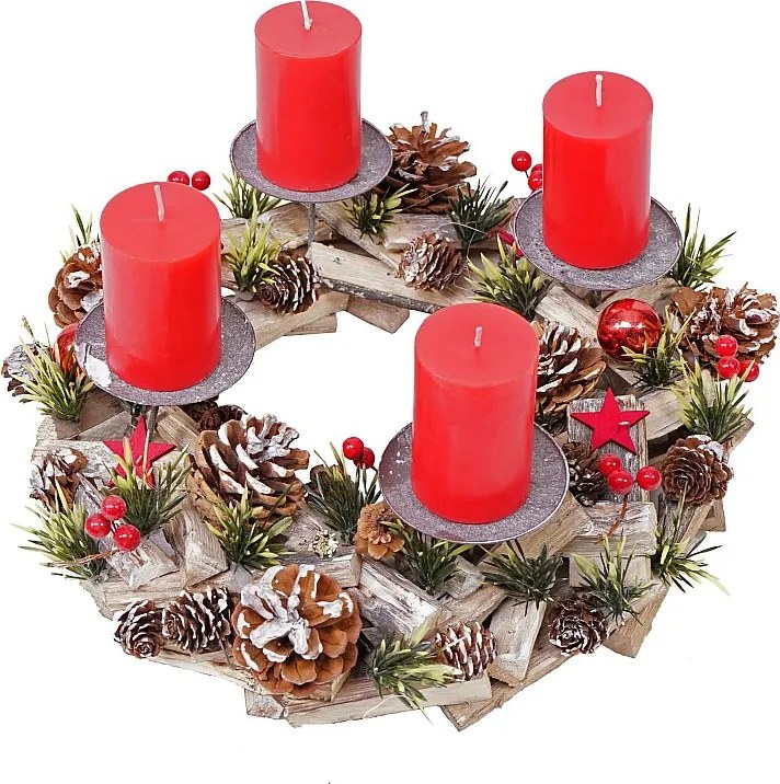 Wianek adwentowy MCW-H50 z drewna z czerwonymi świecami,  w zestawie 4 świeczki czerwone