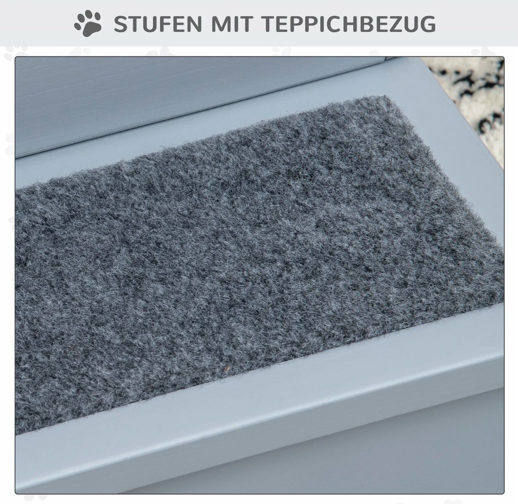 PawHut Schody dla Zwierząt Domowych z Dywanikiem Schowek Drewno Sosnowe Szary 405x445x38 cm | Aosom PL